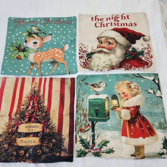 Vintage Christmas Pillow Covers 4 Set Retro Holiday Scene Artwork Decorative New - Picture 1 of 9